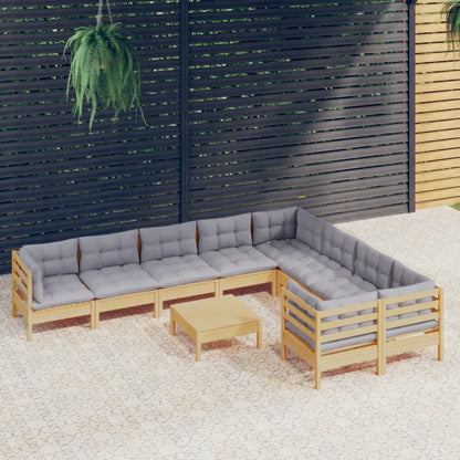 10-tlg. Garten-Lounge-Set mit Grauen Kissen Kiefernholz