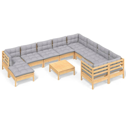 11-tlg. Garten-Lounge-Set mit Grauen Kissen Kiefernholz