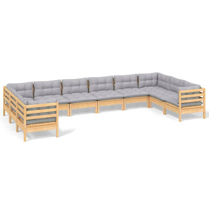 10-tlg. Garten-Lounge-Set mit Grauen Kissen Kiefernholz