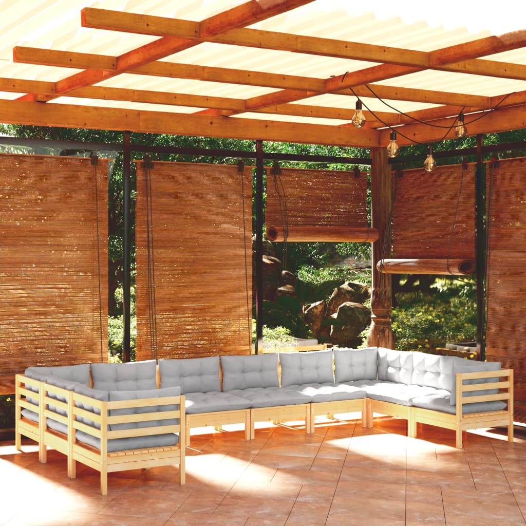 10-tlg. Garten-Lounge-Set mit Grauen Kissen Kiefernholz