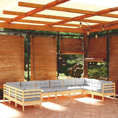 10-tlg. Garten-Lounge-Set mit Grauen Kissen Kiefernholz