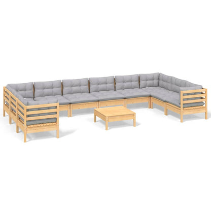 11-tlg. Garten-Lounge-Set mit Grauen Kissen Kiefernholz
