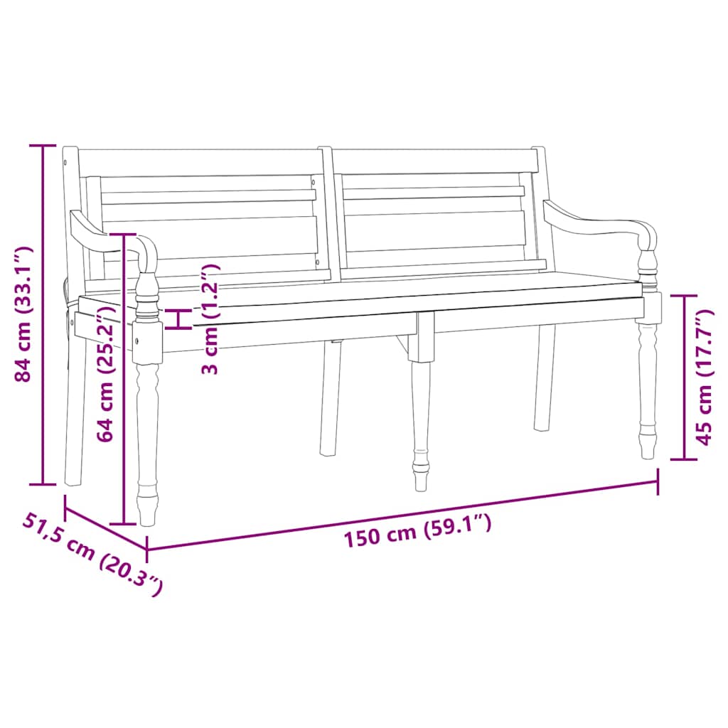 Batavia-Bank mit Kissen 150 cm Massivholz Teak