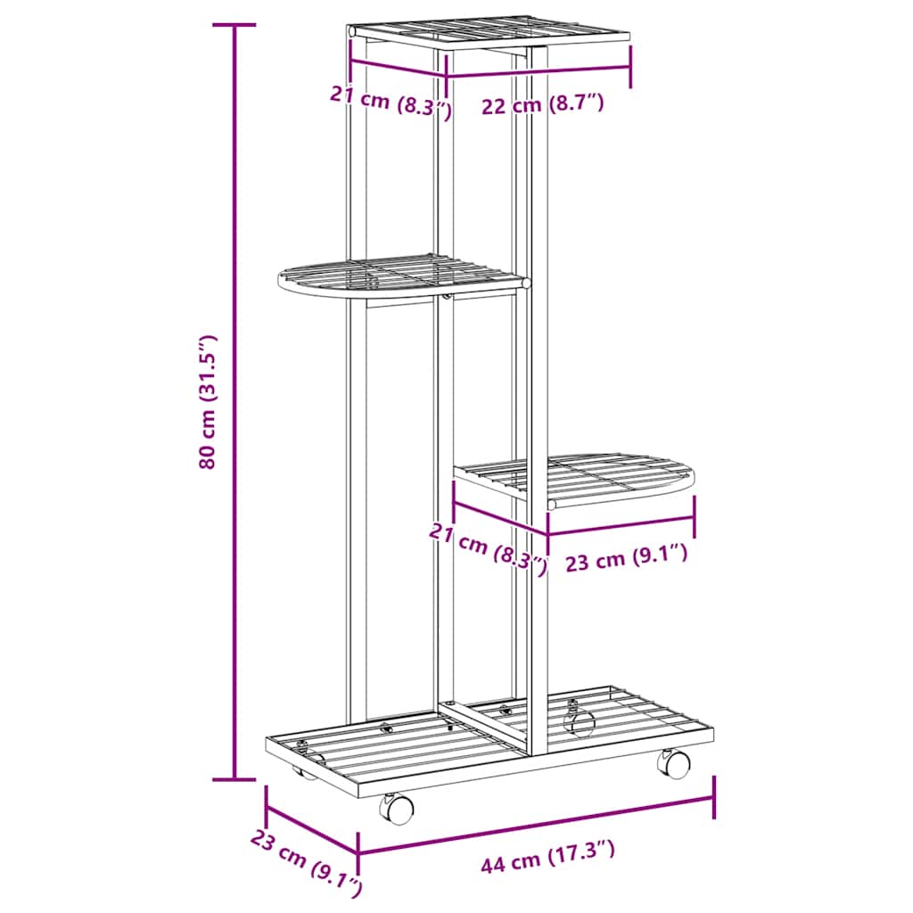 Blumenständer 4-Etagen mit Rollen 44x23x80 cm Schwarz Eisen