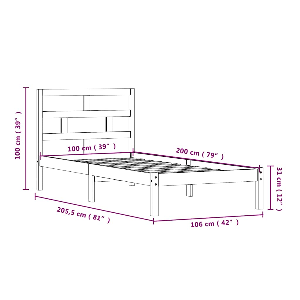 Massivholzbett Schwarz Kiefer 100x200 cm