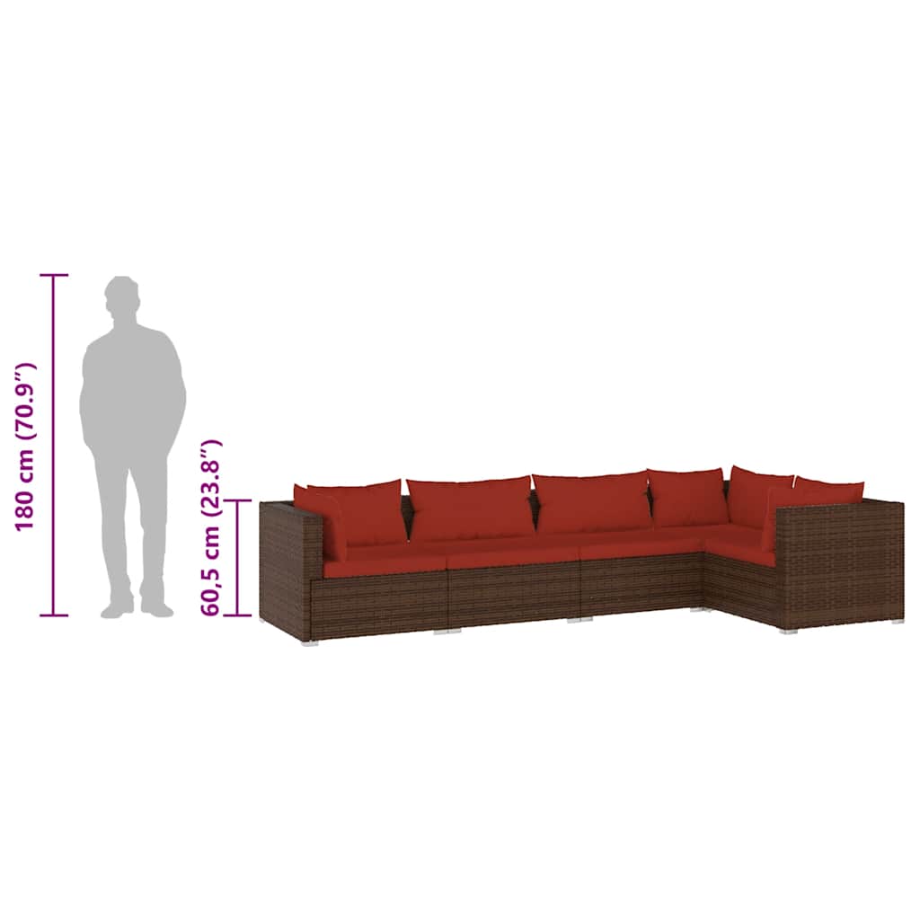 5-tlg. Garten-Lounge-Set mit Kissen Poly Rattan Braun