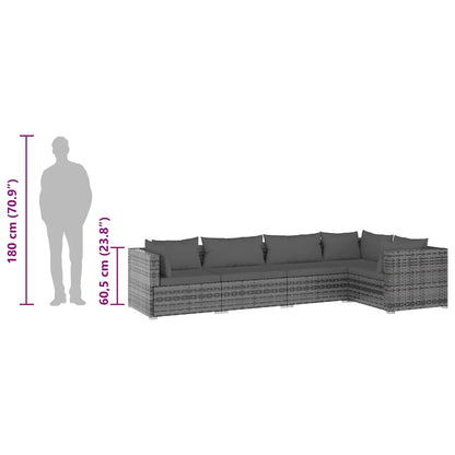 5-tlg. Garten-Lounge-Set mit Kissen Poly Rattan Grau