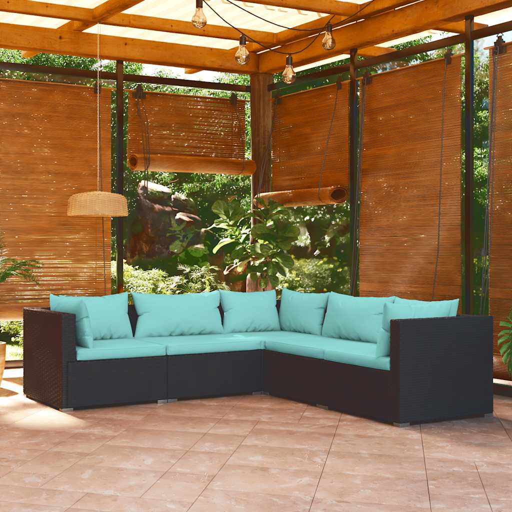 5-tlg. Garten-Lounge-Set mit Kissen Poly Rattan Schwarz
