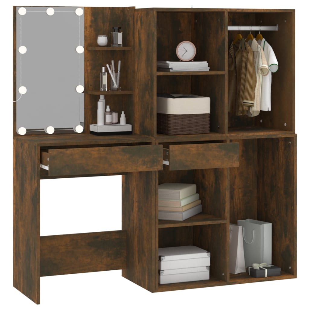 LED-Schminktisch mit Schränken Räuchereiche Holzwerkstoff