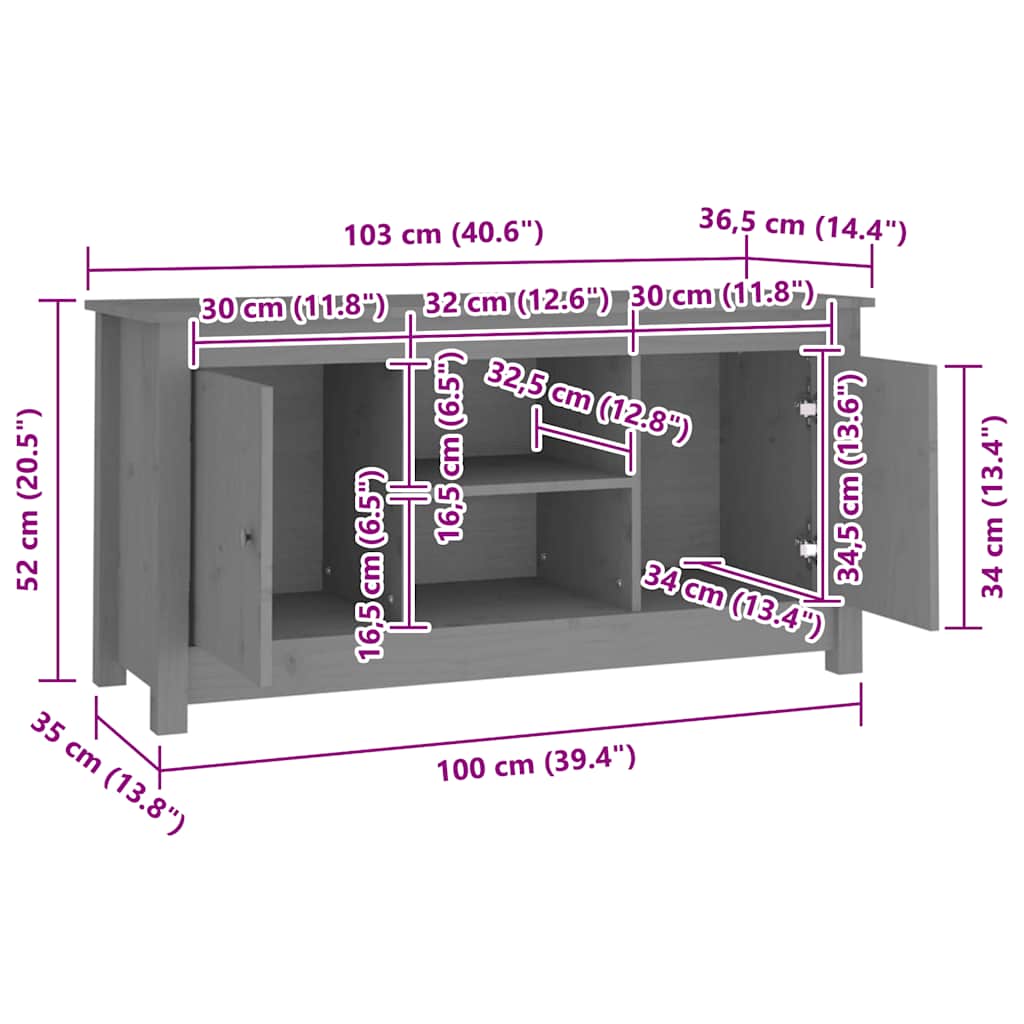 TV-Schrank Grau 103x36,5x52 cm Massivholz Kiefer