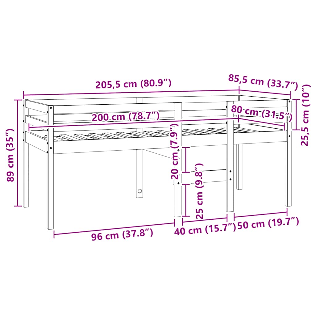 Hochbett 80x200 cm Massivholz Kiefer
