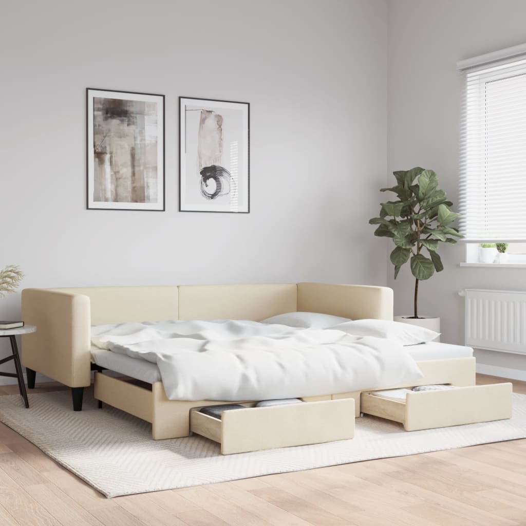 Tagesbett Ausziehbar mit Schubladen Creme 100x200 cm Stoff
