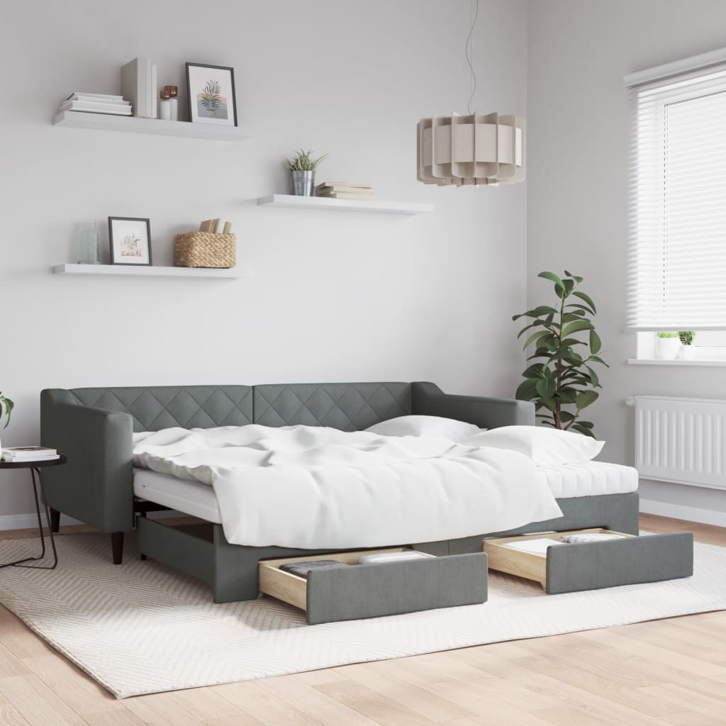 Tagesbett Ausziehbar mit Schubladen Dunkelgrau 90x190 cm Stoff