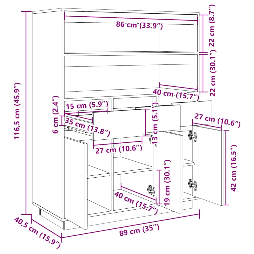Highboard Honigbraun 89x40x116,5 cm Massivholz Kiefer