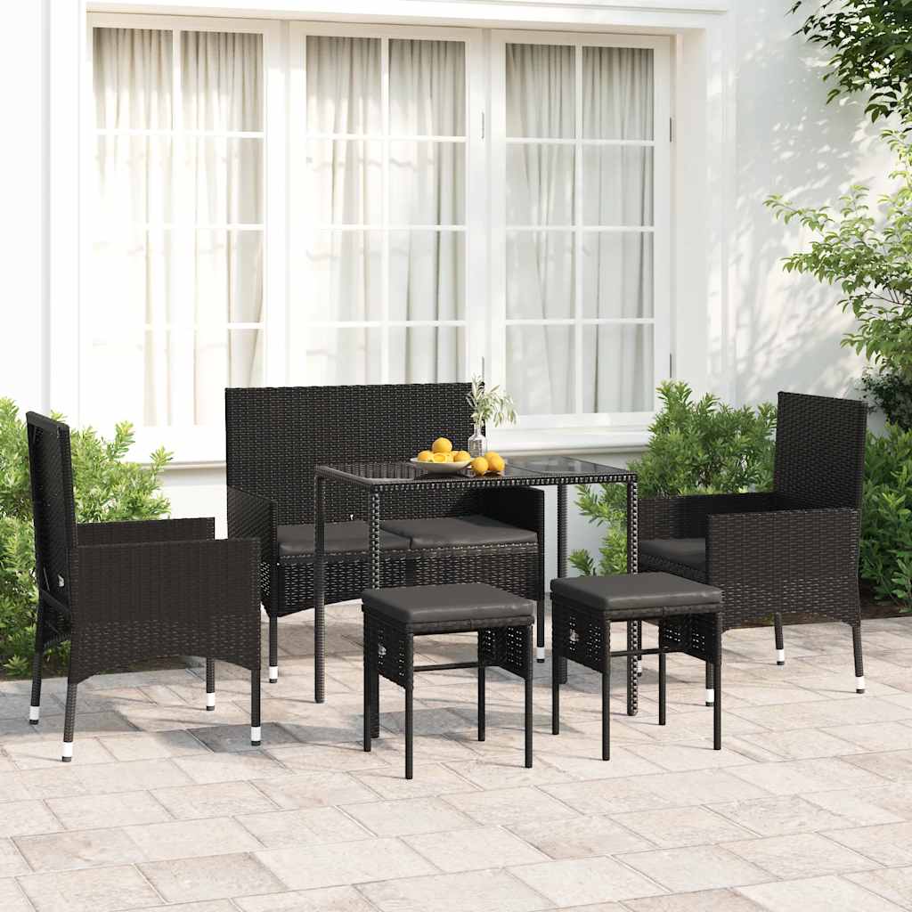 6-tlg. Garten-Lounge-Set mit Kissen Schwarz Poly Rattan