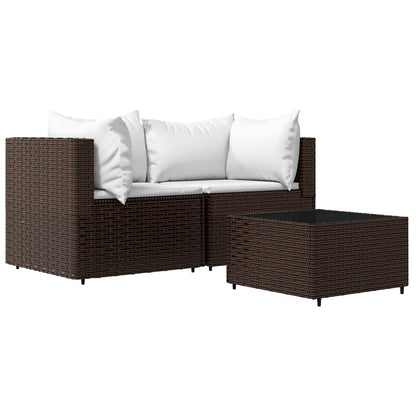 3-tlg. Garten-Lounge-Set mit Kissen Braun Poly Rattan