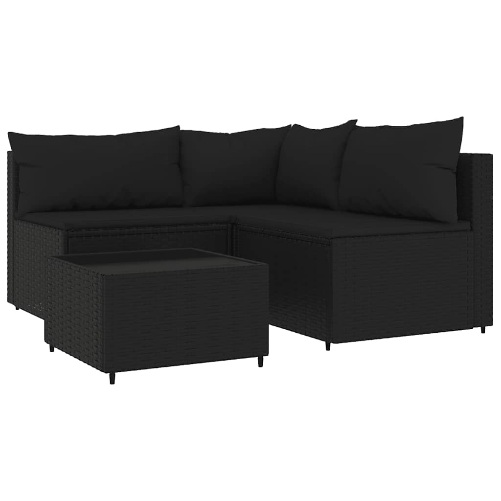 4-tlg. Garten-Lounge-Set mit Kissen Schwarz Poly Rattan
