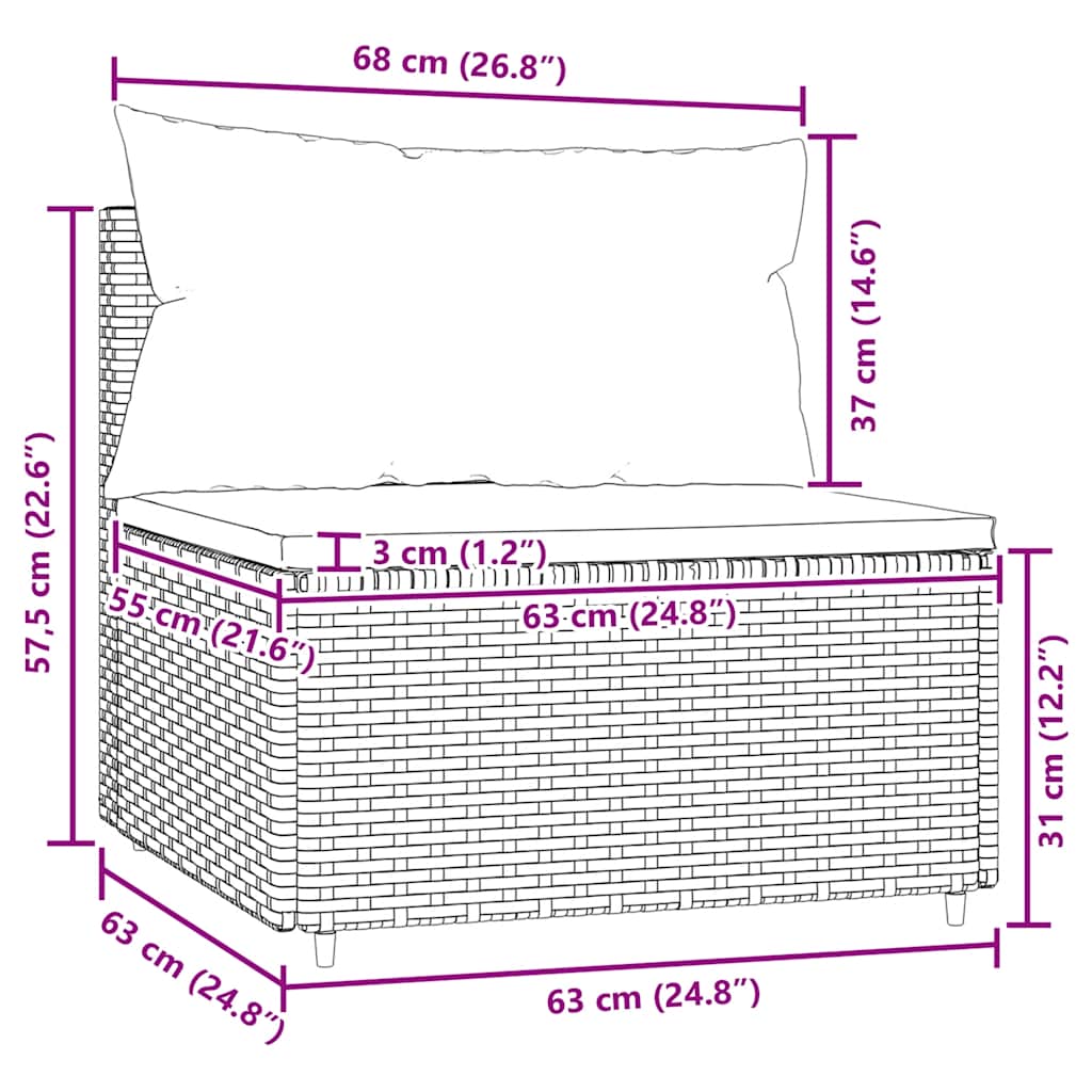 Garten-Mittelsofa mit Kissen Schwarz Poly Rattan