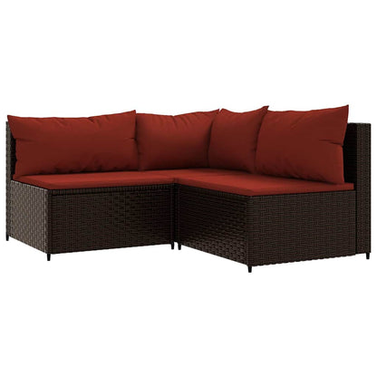 3-tlg. Garten-Lounge-Set mit Kissen Braun Poly Rattan