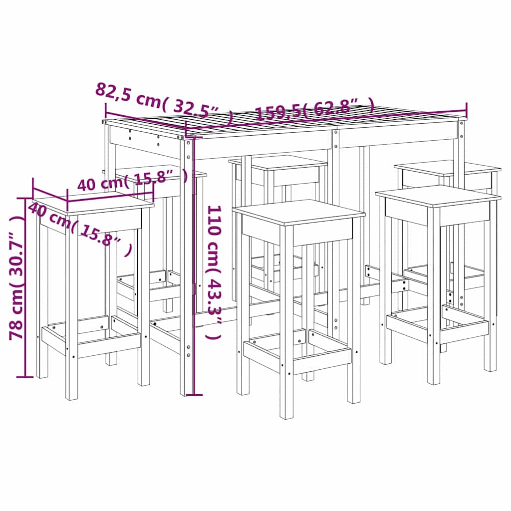 7-tlg. Gartenbar-Set Massivholz Kiefer