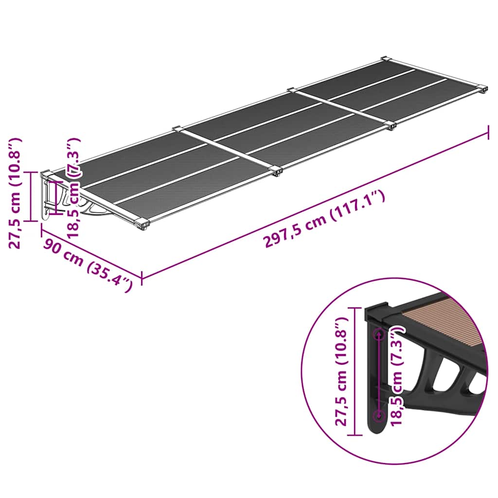 Türvordach Schwarz 297,5x90 cm Polycarbonat