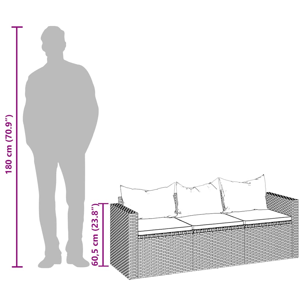 3-Sitzer-Gartensofa mit Dach und Fußhocker Grau Poly Rattan