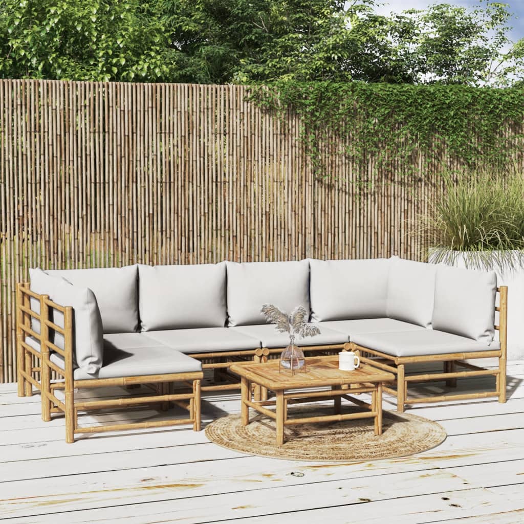 7-tlg. Garten-Lounge-Set mit Hellgrauen Kissen Bambus