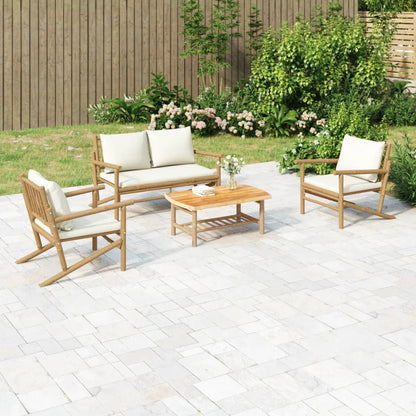 4-tlg. Garten-Lounge-Set mit Cremeweißen Kissen Bambus