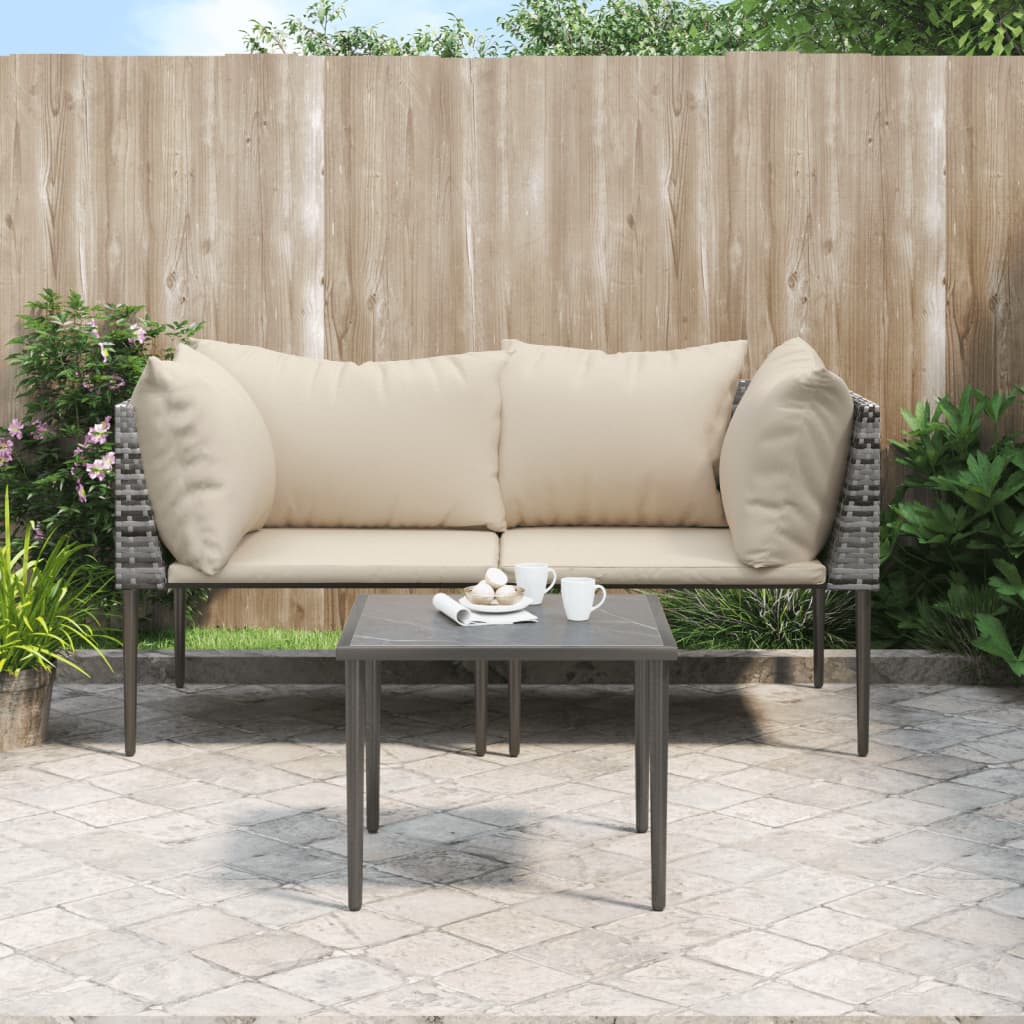 3-tlg. Garten-Lounge-Set mit Kissen Grau Poly Rattan