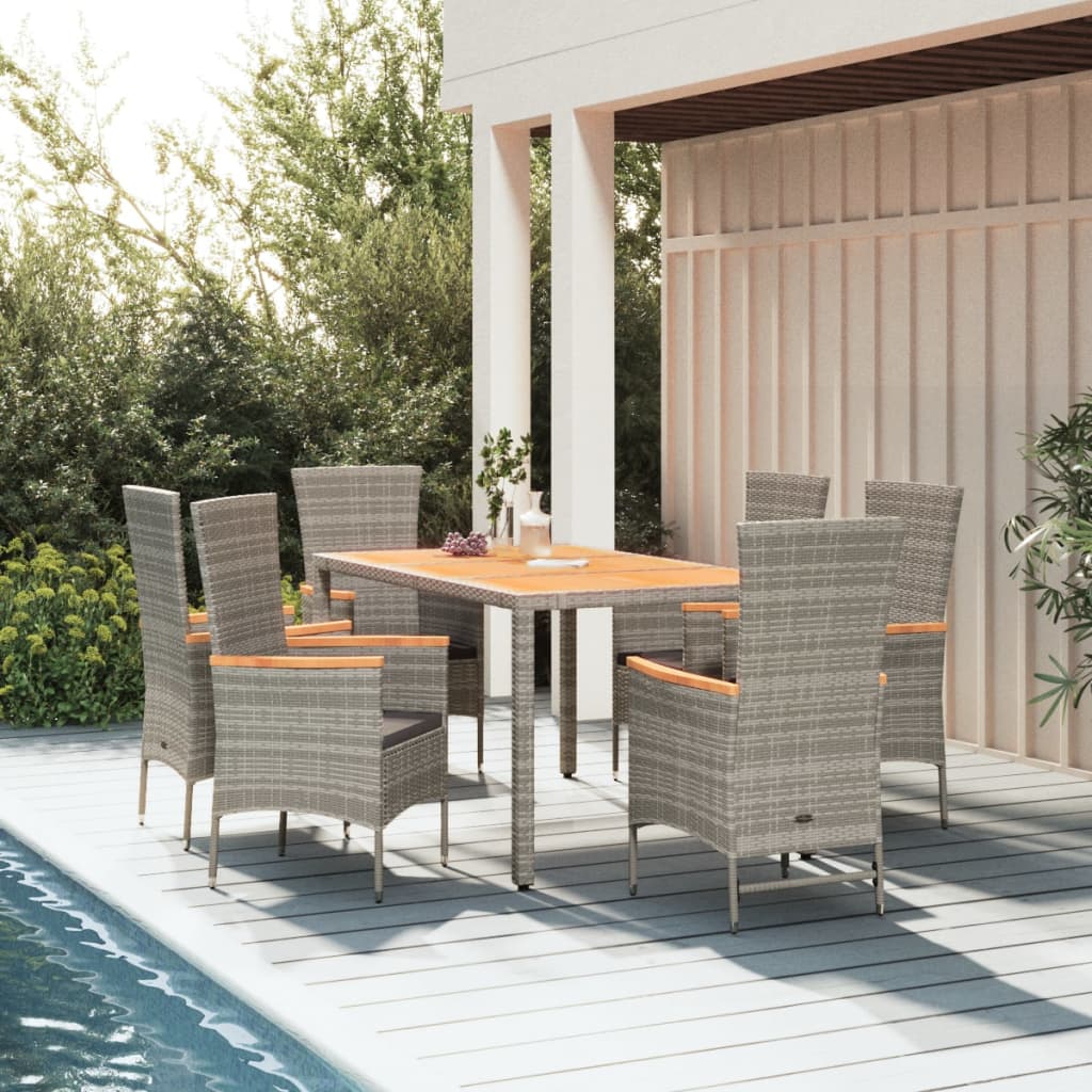 7-tlg. Garten-Essgruppe mit Kissen Grau Poly Rattan
