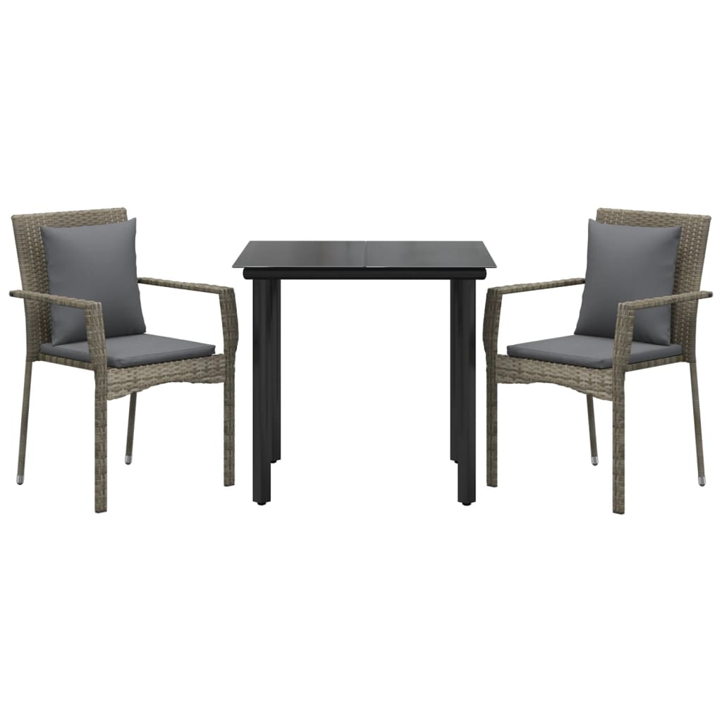 3-tlg. Garten-Essgruppe mit Kissen Schwarz und Grau Poly Rattan