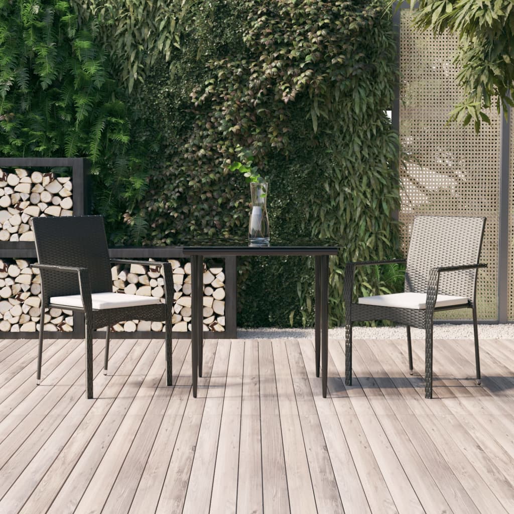 3-tlg. Garten-Essgruppe mit Kissen Schwarz Poly Rattan