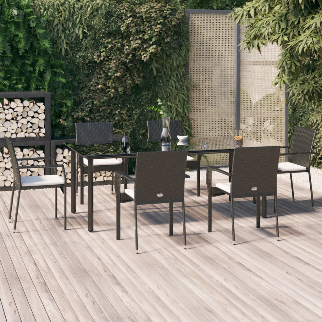 7-tlg. Garten-Essgruppe mit Kissen Schwarz Poly Rattan