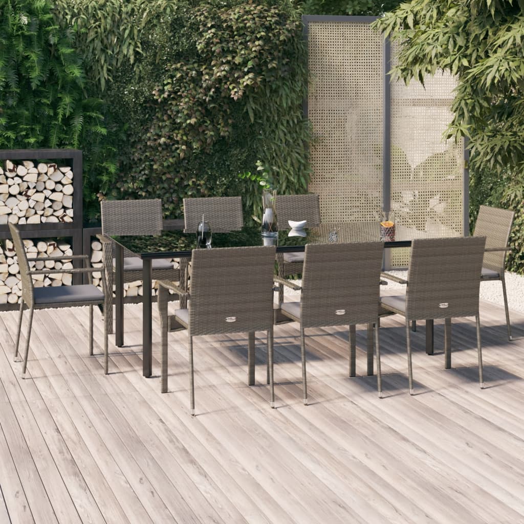 9-tlg. Garten-Essgruppe mit Kissen Schwarz und Grau Poly Rattan