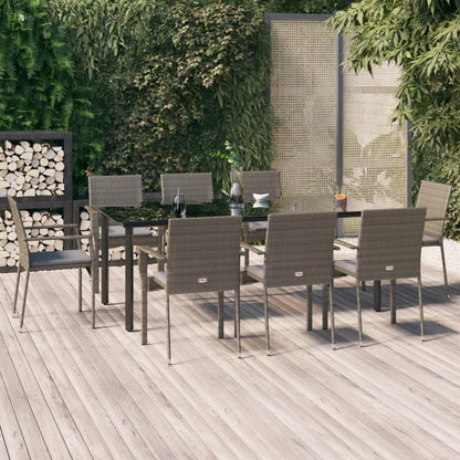 9-tlg. Garten-Essgruppe mit Kissen Schwarz und Grau Poly Rattan