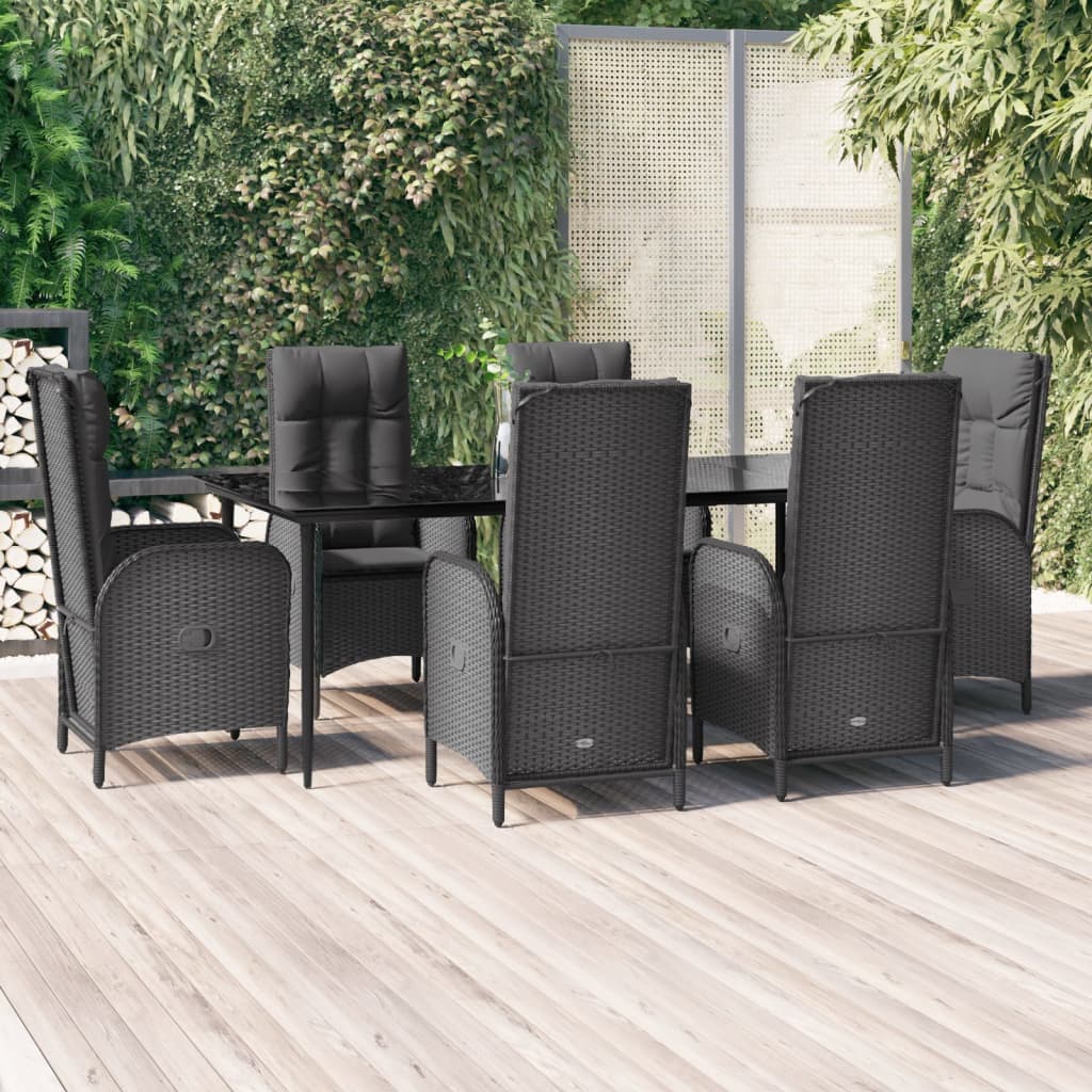 7-tlg. Garten-Essgruppe mit Kissen Schwarz Poly Rattan