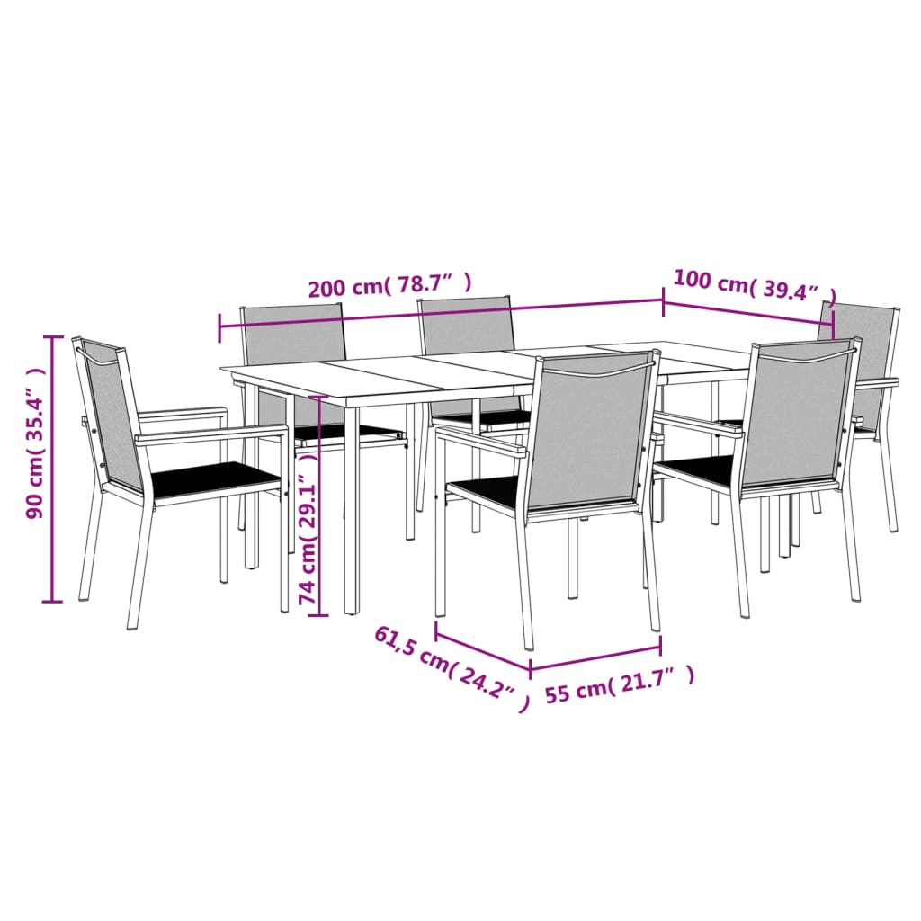 7-tlg. Garten-Essgruppe Schwarz Textilene und Stahl