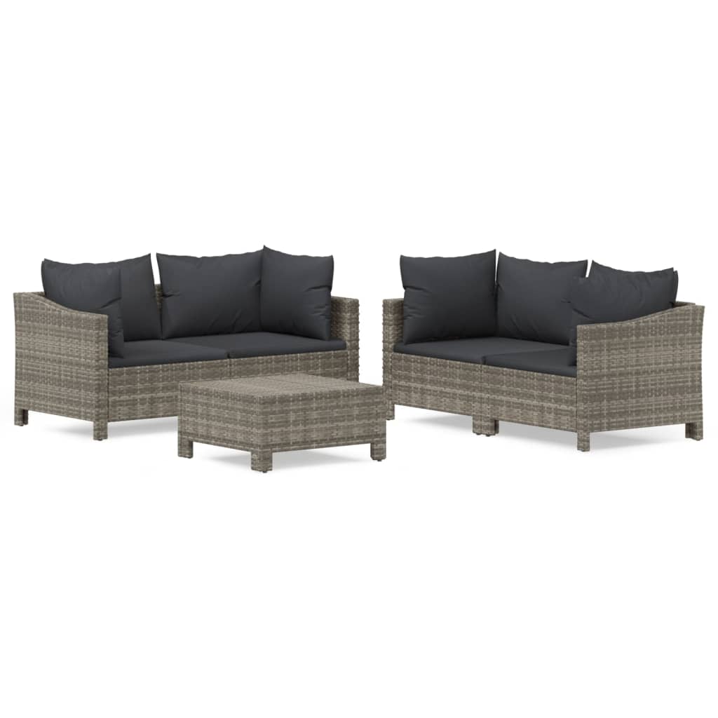 5-tlg. Garten-Lounge-Set mit Kissen Grau Poly Rattan
