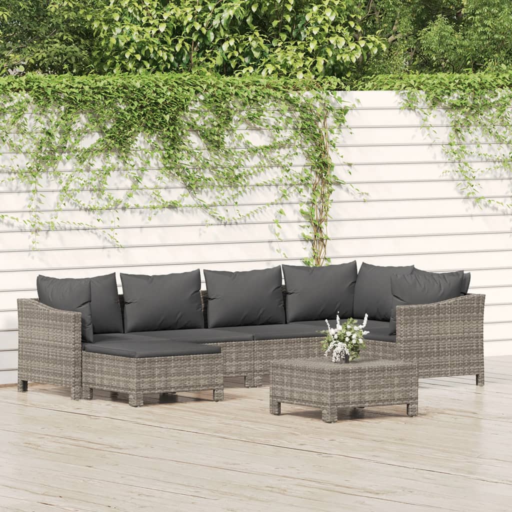 7-tlg. Garten-Lounge-Set mit Kissen Grau Poly Rattan