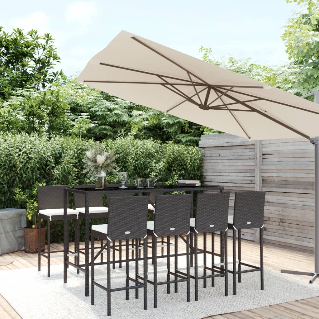 9-tlg. Gartenbar-Set mit Kissen Schwarz Poly Rattan