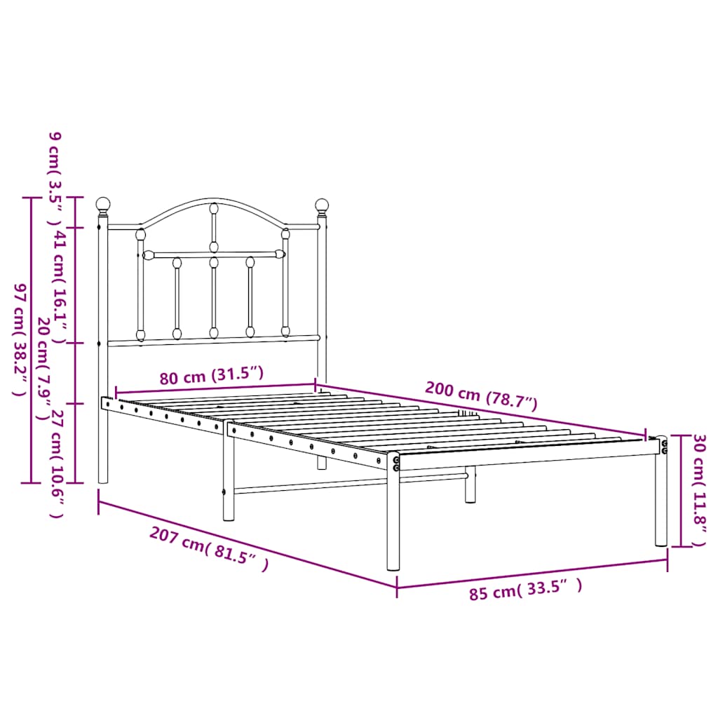 Bettgestell mit Kopfteil Metall Schwarz 80x200 cm
