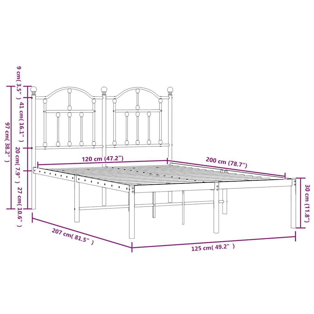 Bettgestell mit Kopfteil Metall Schwarz 120x200 cm