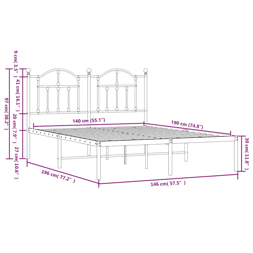 Bettgestell mit Kopfteil Metall Schwarz 140x190 cm
