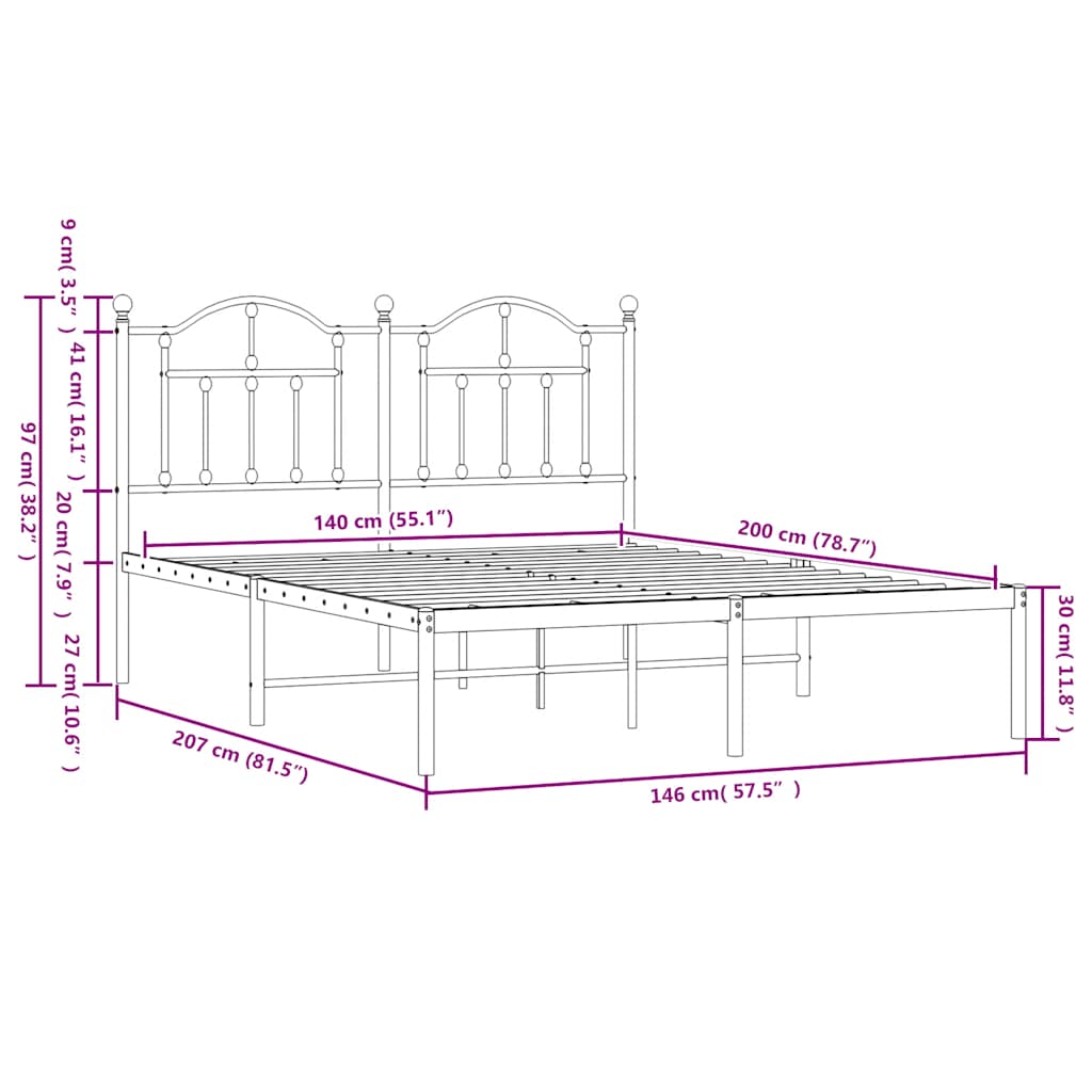 Bettgestell mit Kopfteil Metall Schwarz 140x200 cm