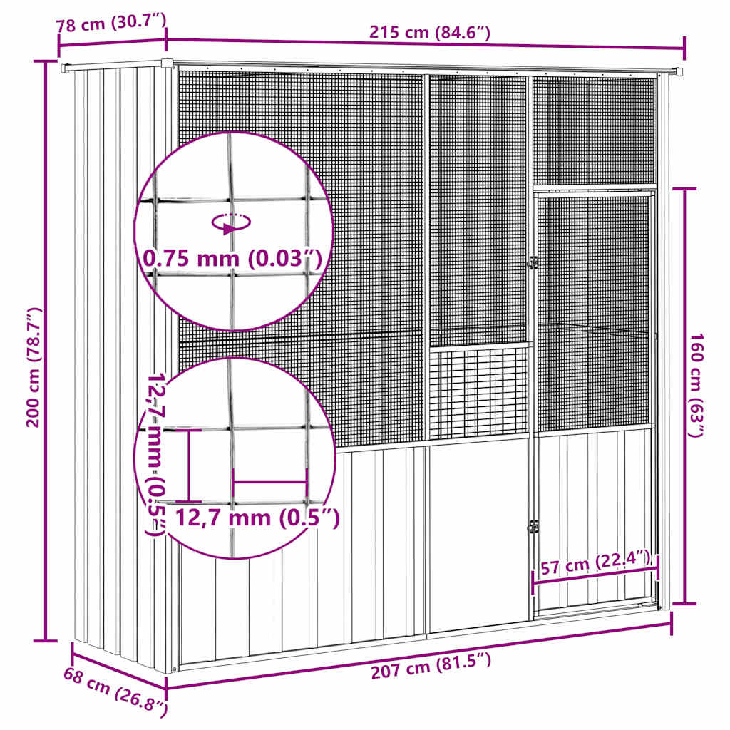 Voliere Grau 215x78x200 cm Verzinkter Stahl