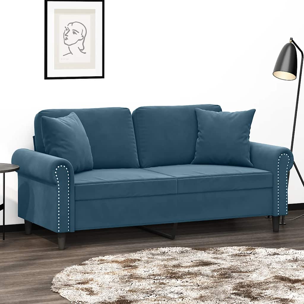 2-Sitzer-Sofa mit Zierkissen Blau 140 cm Samt