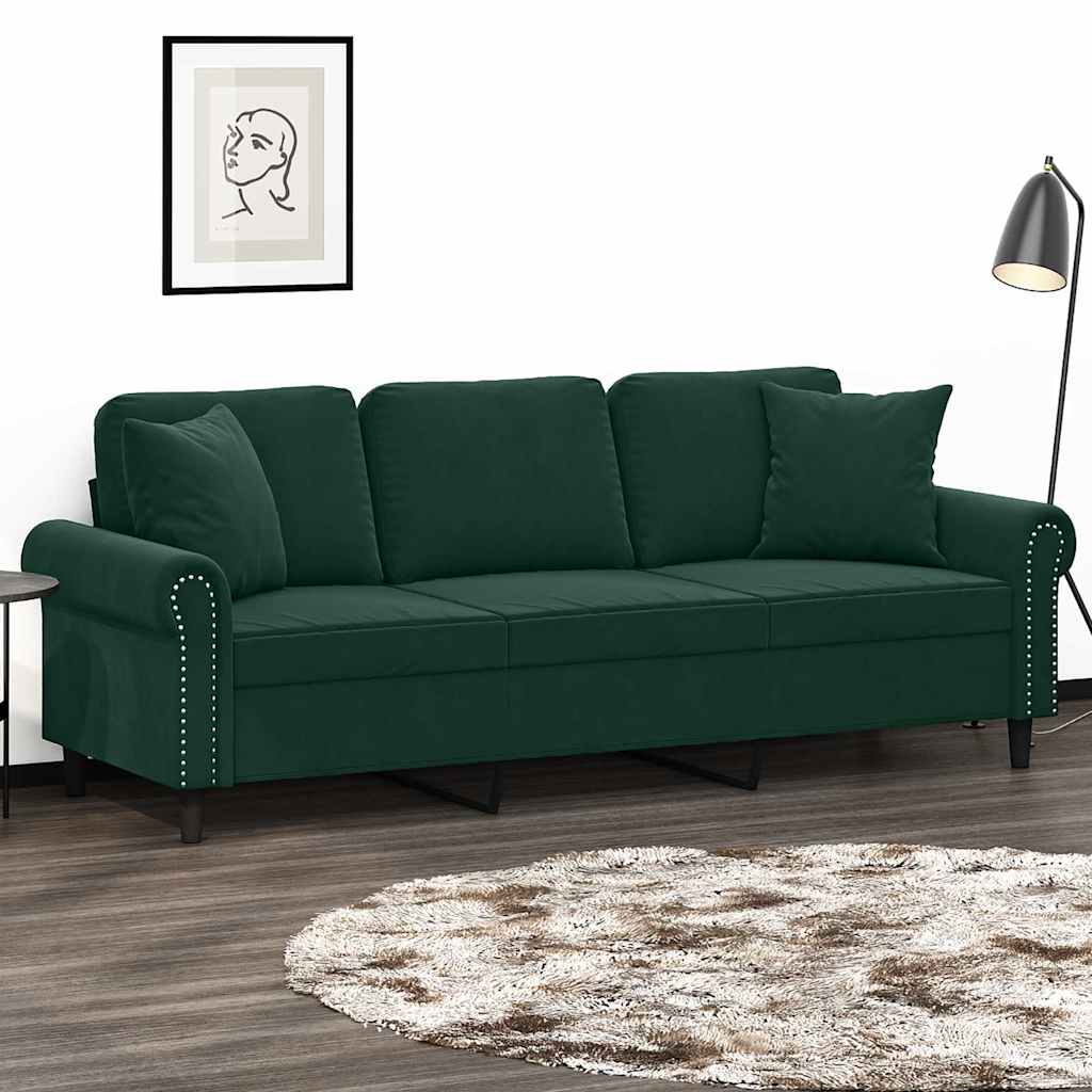 3-Sitzer-Sofa mit Zierkissen Dunkelgrün 180 cm Samt