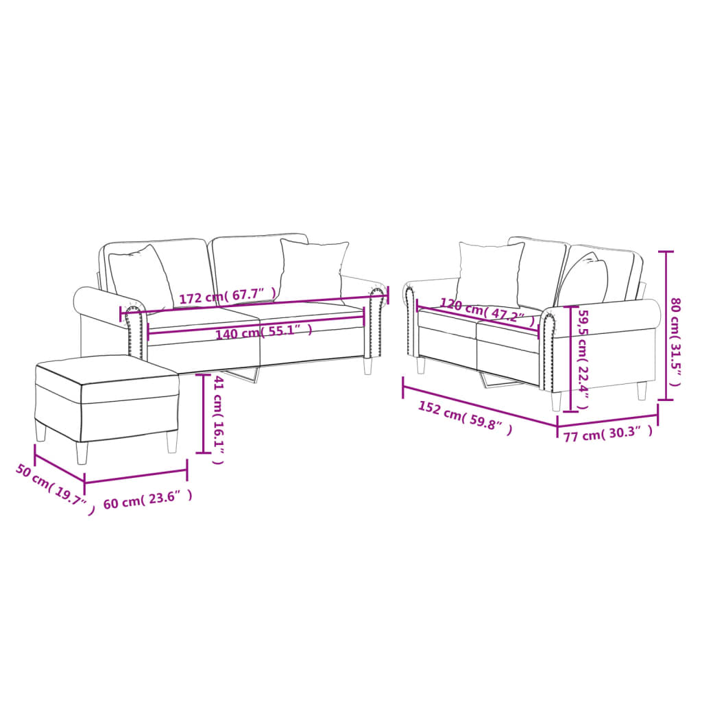 3-tlg. Sofagarnitur mit Kissen Cappuccino-Braun Kunstleder
