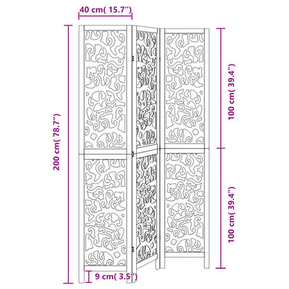 3-tlg. Paravent Schwarz Massivholz Paulownia