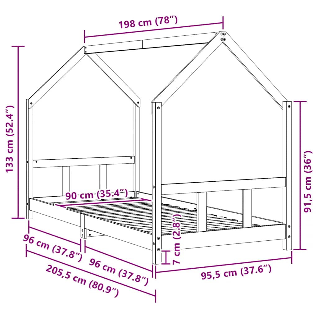 Kinderbett 90x200 cm Massivholz Kiefer